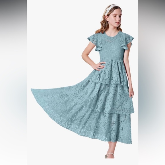 Girls Lace Maxi, Ruffle Sleeve Crewneck Tiered A-Line Swing Wedding Party Dress - Picture 2 of 7